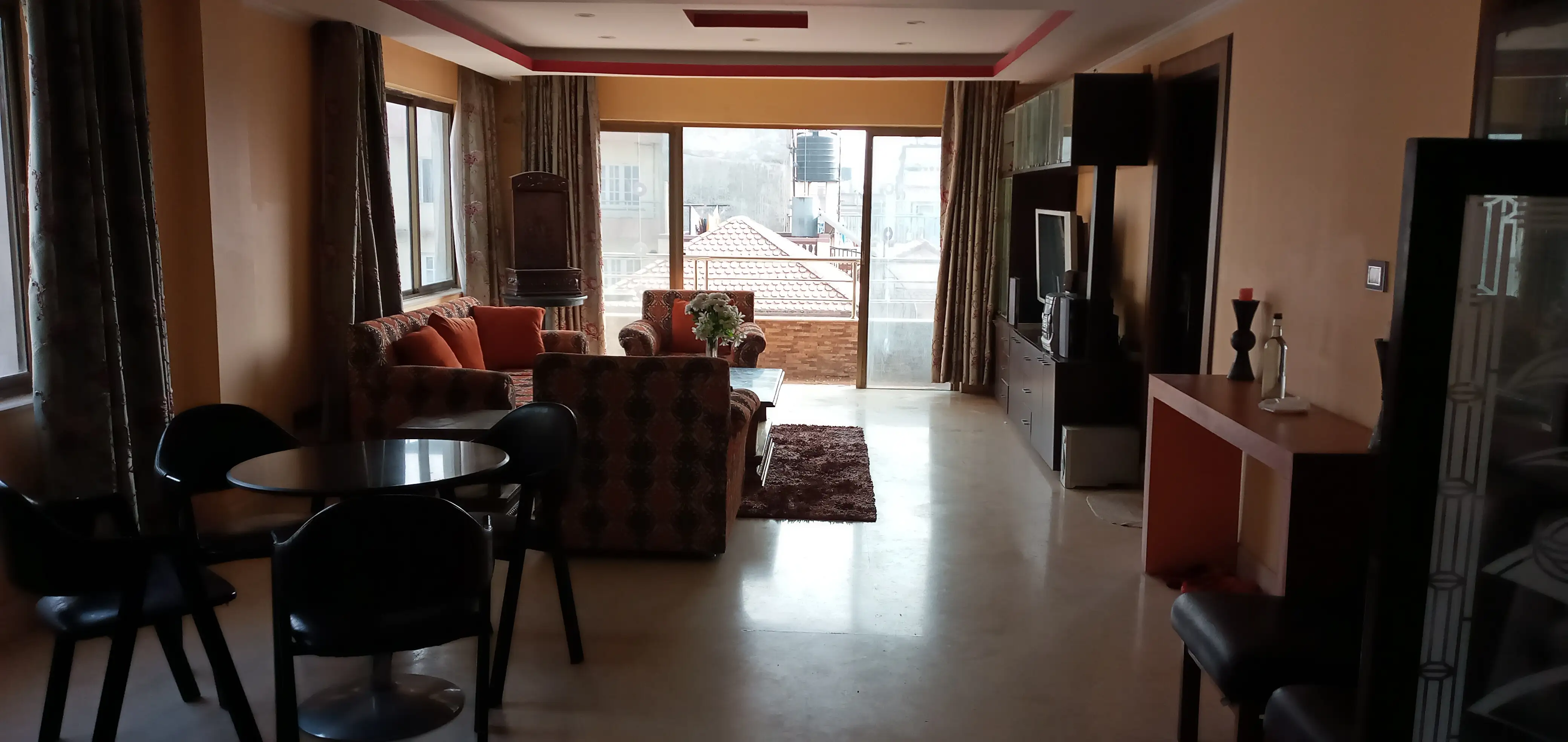 Furnished 2BHK, ~2000 sq. feet, 1 Kitchen, 1 living room, Dining area, 2 bedrooms with walk in closets and attached washrooms, 1 common washroom, 2 balcony areas, Parking area available. Image 2